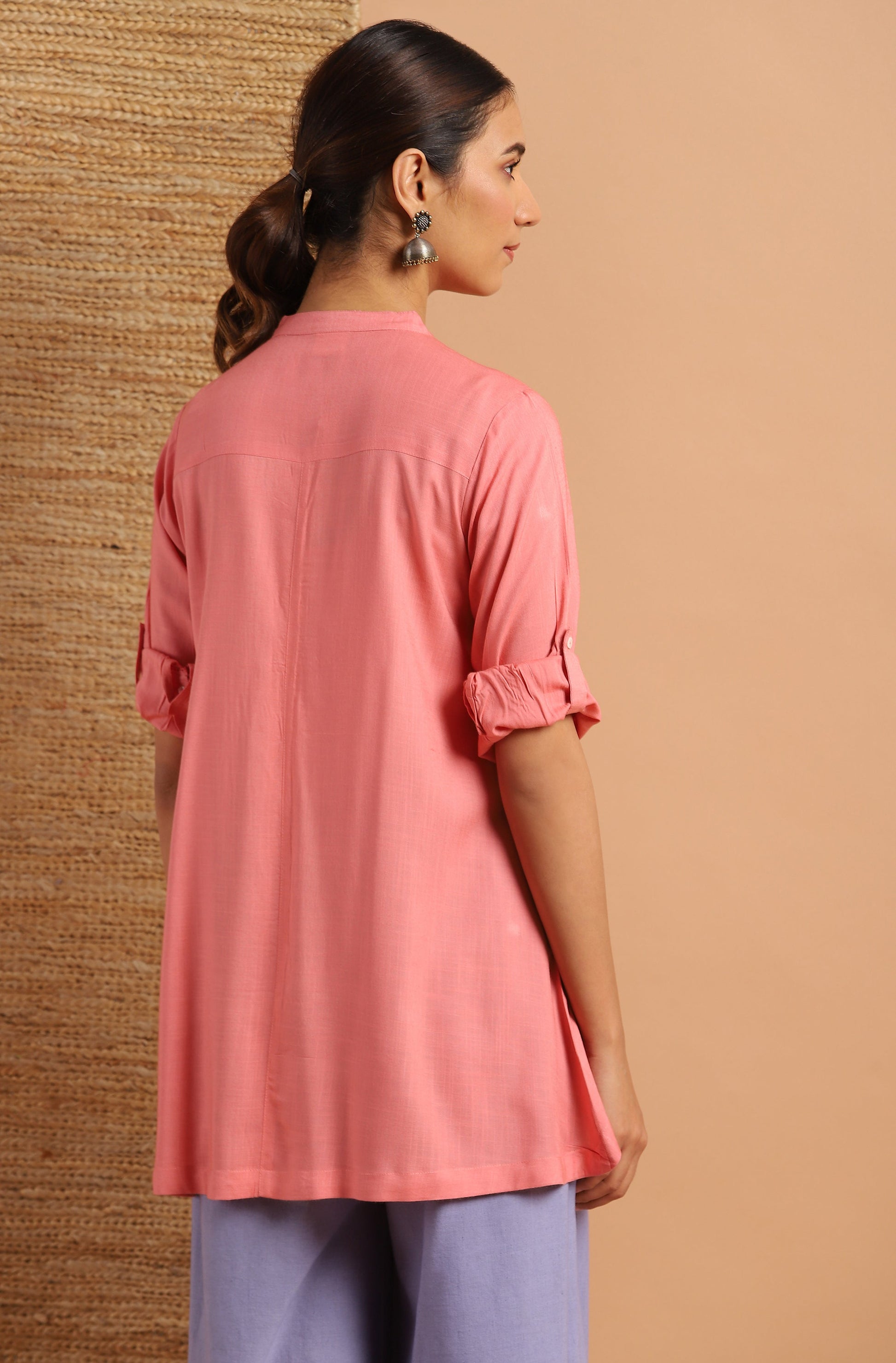 Janasya Women's Pink Rayon Solid High Low Tunic | Swadesiicart