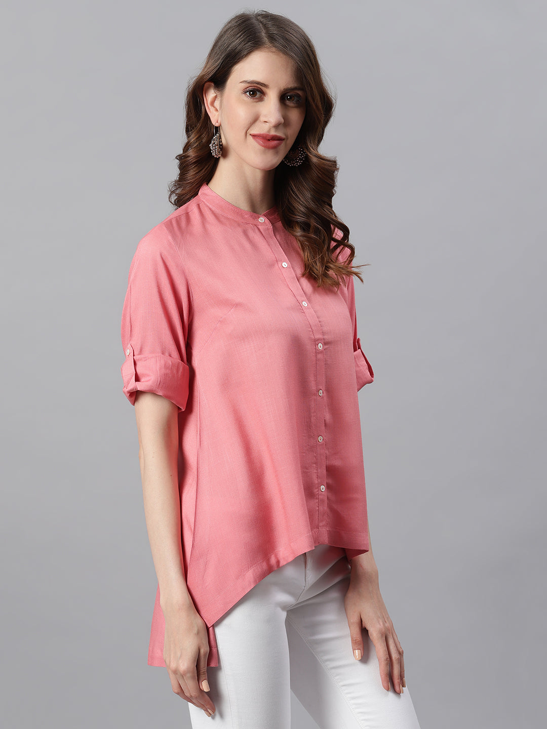 Janasya Women's Pink Rayon Solid High Low Tunic | Swadesiicart