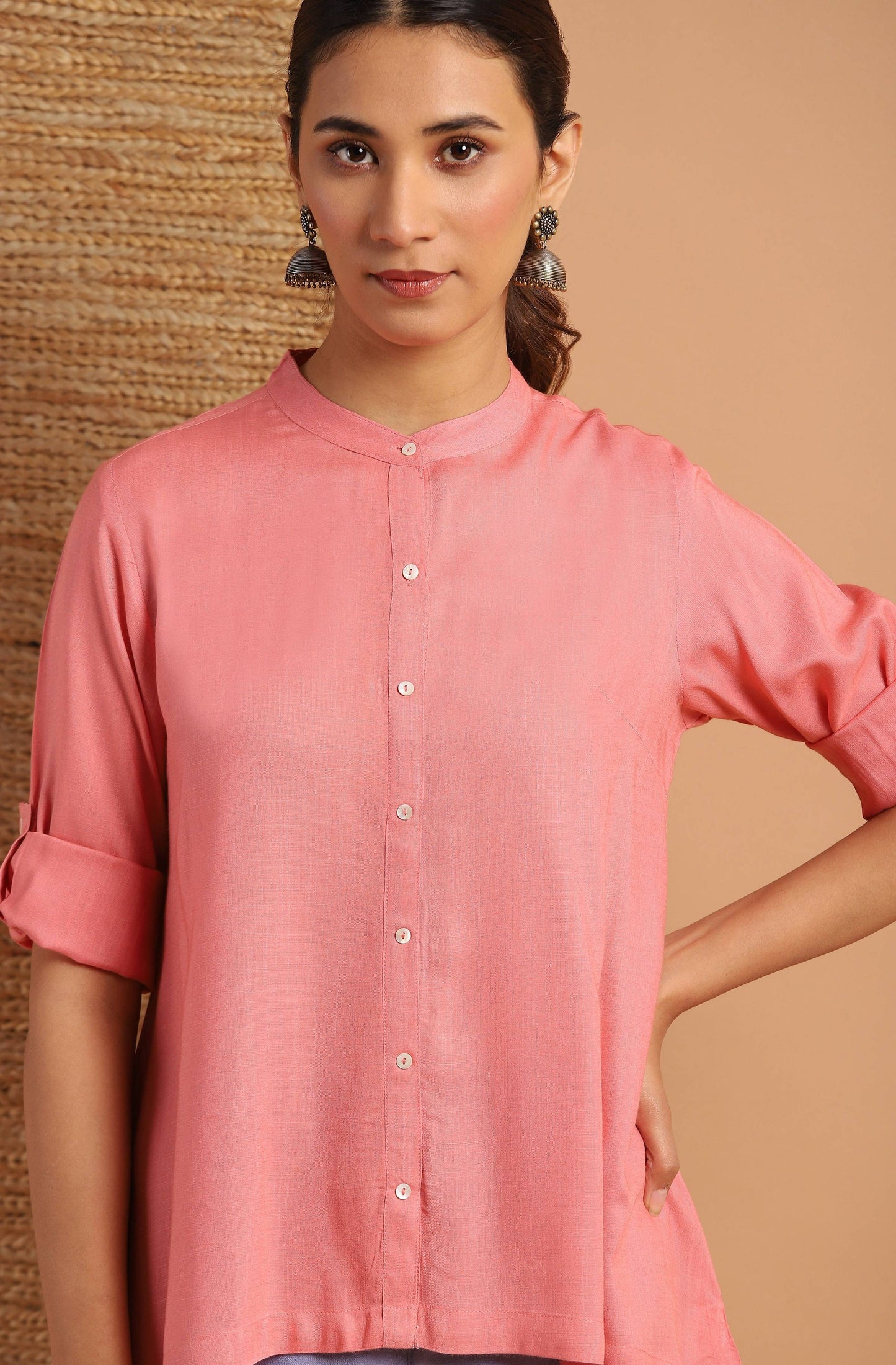 Janasya Women's Pink Rayon Solid High Low Tunic | Swadesiicart