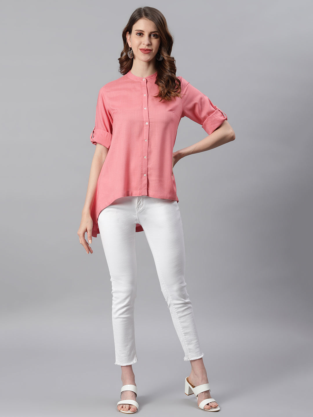 Janasya Women's Pink Rayon Solid High Low Tunic | Swadesiicart