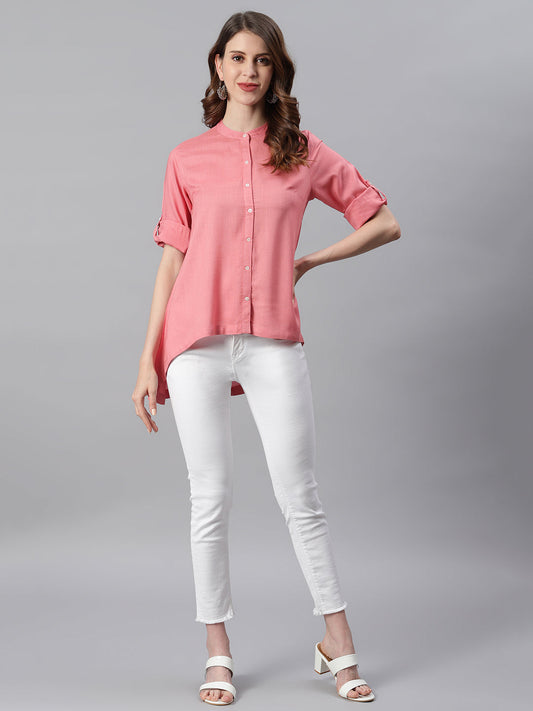 Janasya Women's Pink Rayon Solid High Low Tunic | Swadesiicart
