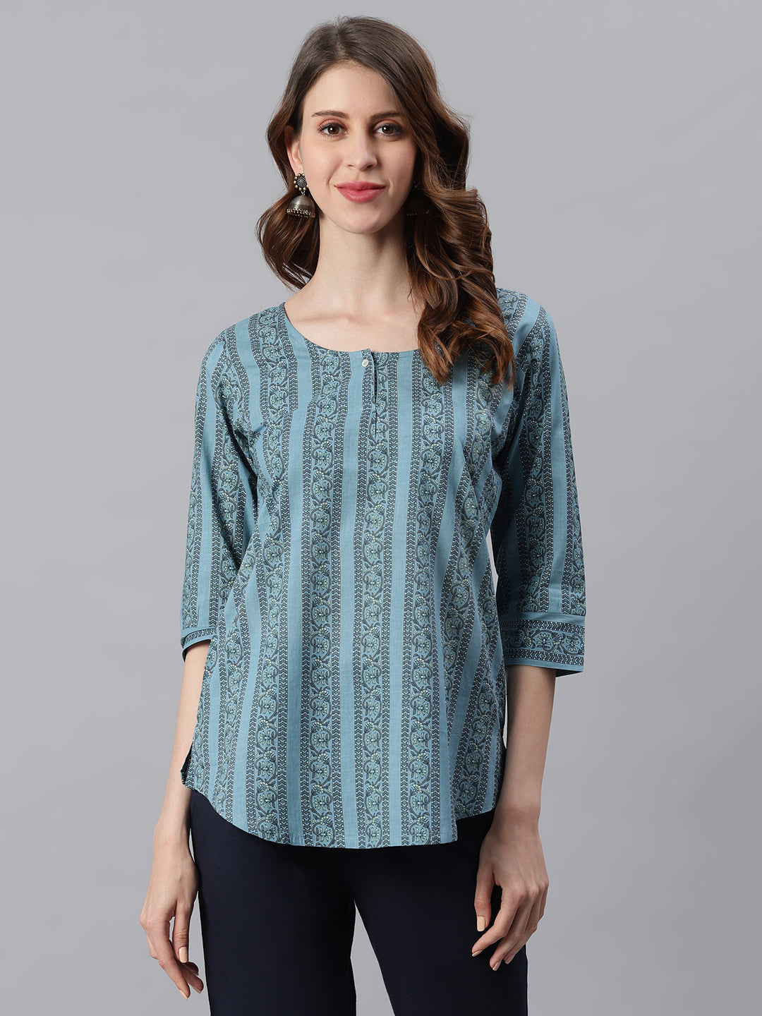 Janasya Women's Blue Cotton Floral Print Straight Tunic | Swadesiicart