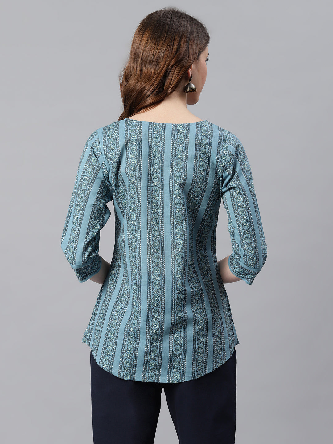 Janasya Women's Blue Cotton Floral Print Straight Tunic | Swadesiicart