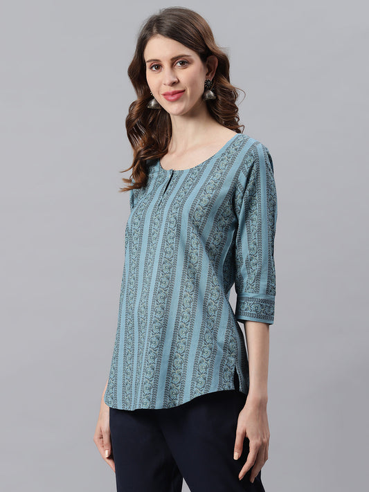 Janasya Women's Blue Cotton Floral Print Straight Tunic | Swadesiicart