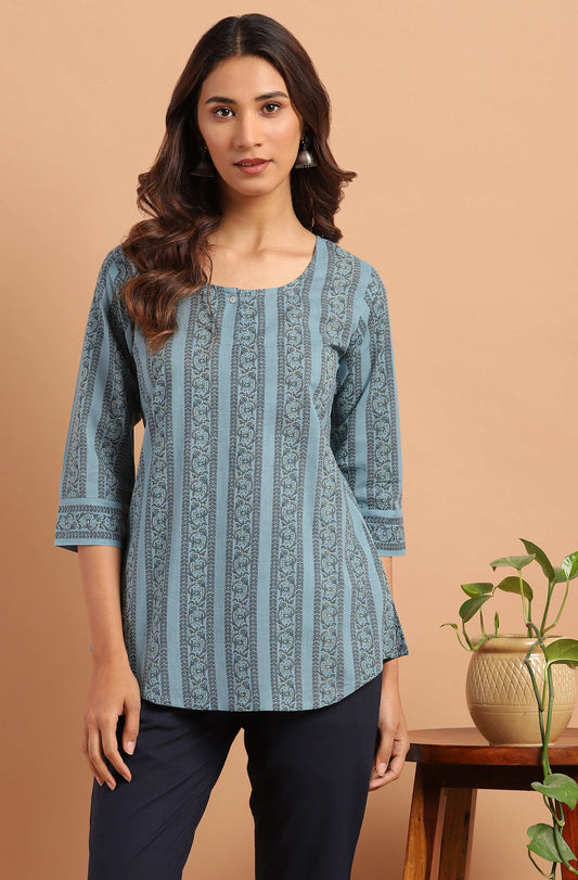 Janasya Women's Blue Cotton Floral Print Straight Tunic | Swadesiicart