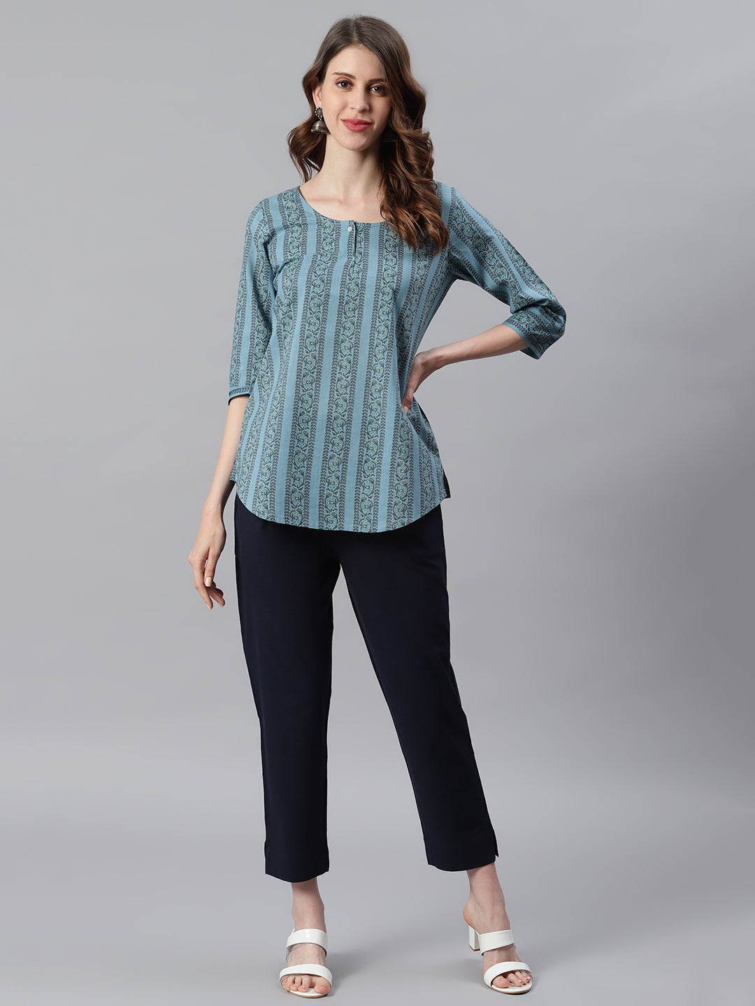 Janasya Women's Blue Cotton Floral Print Straight Tunic | Swadesiicart
