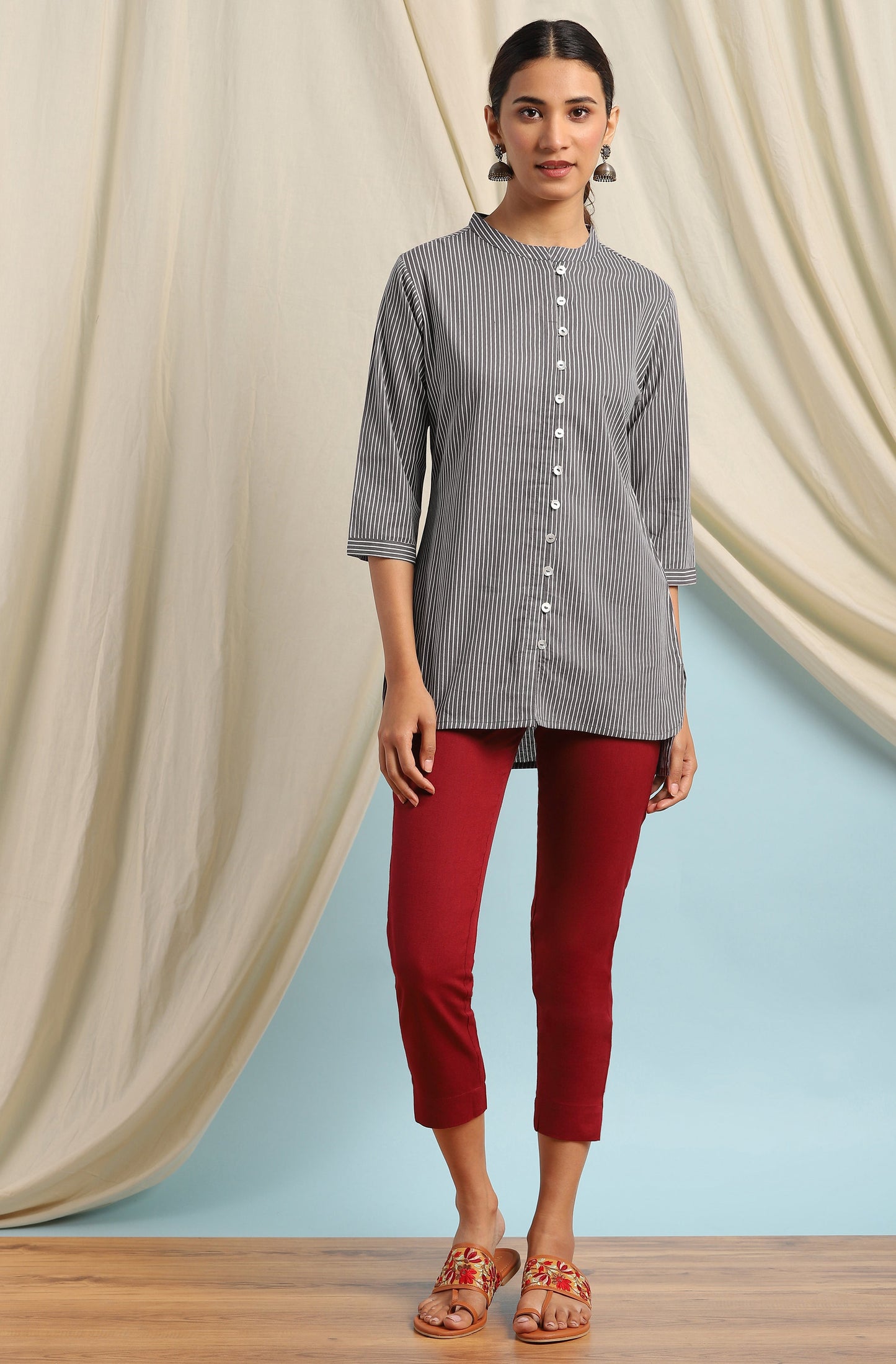 Janasya Women's Grey Cotton Striped High Low Tunic | Swadesiicart