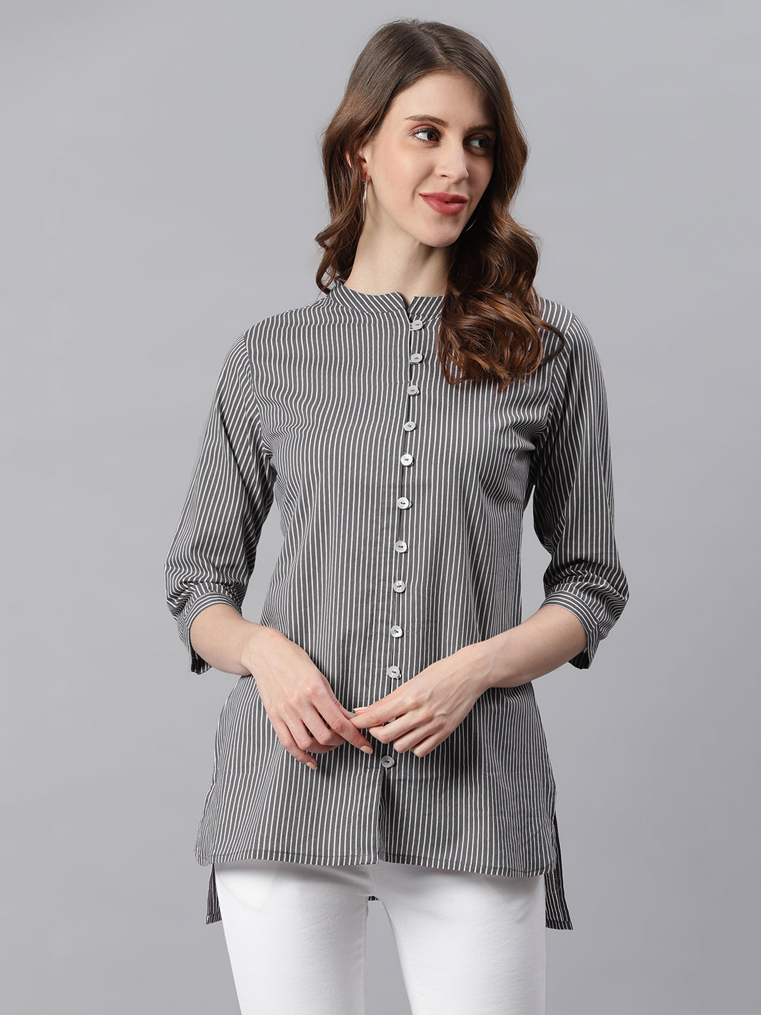 Janasya Women's Grey Cotton Striped High Low Tunic | Swadesiicart
