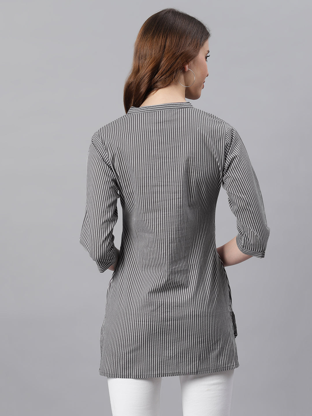 Janasya Women's Grey Cotton Striped High Low Tunic | Swadesiicart