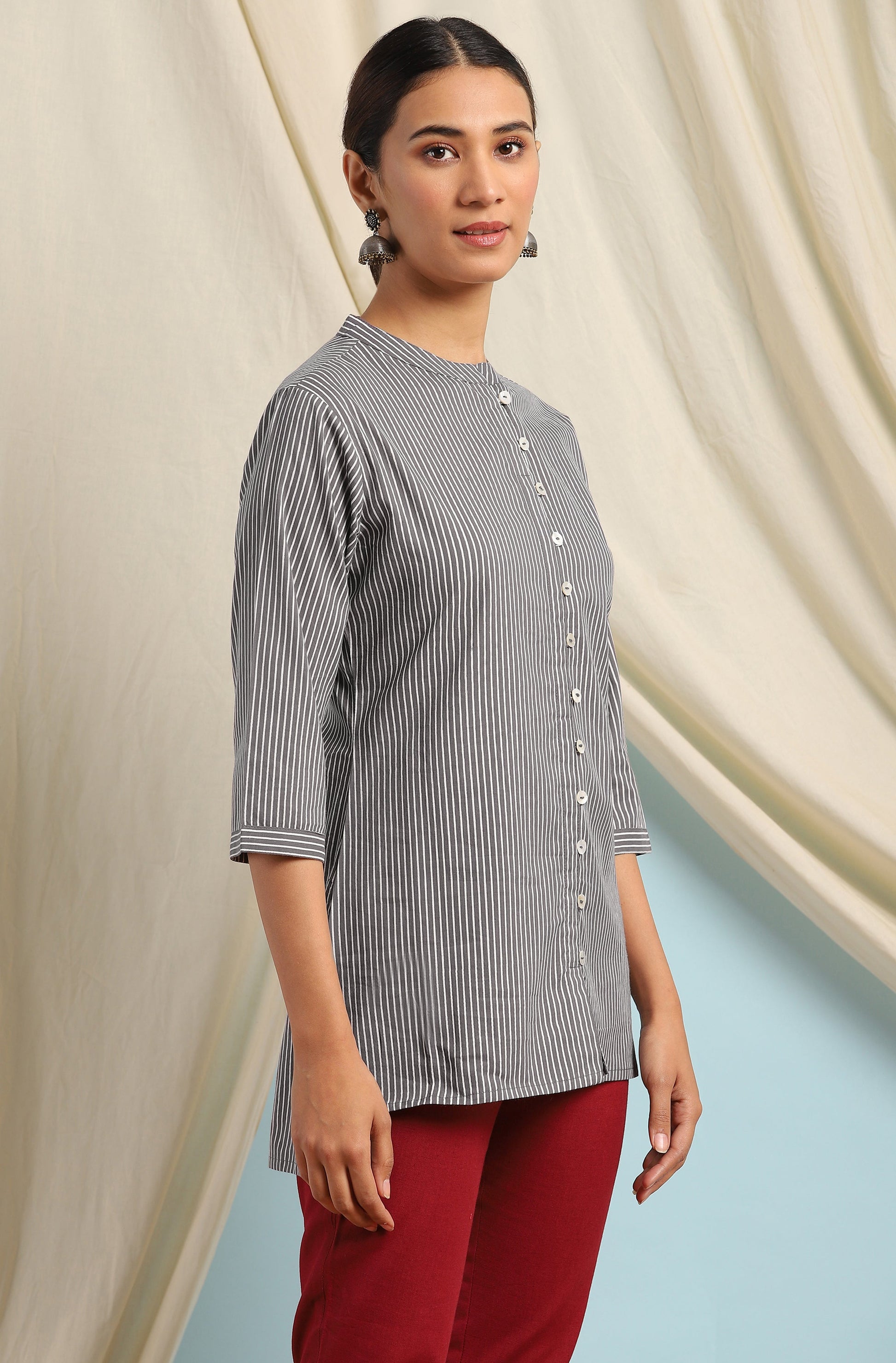 Janasya Women's Grey Cotton Striped High Low Tunic | Swadesiicart