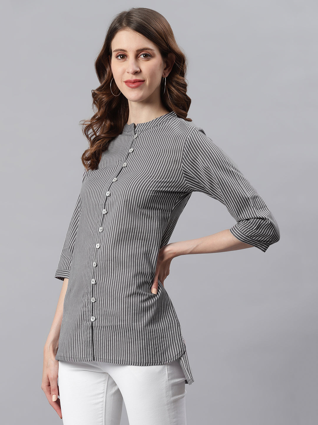 Janasya Women's Grey Cotton Striped High Low Tunic | Swadesiicart