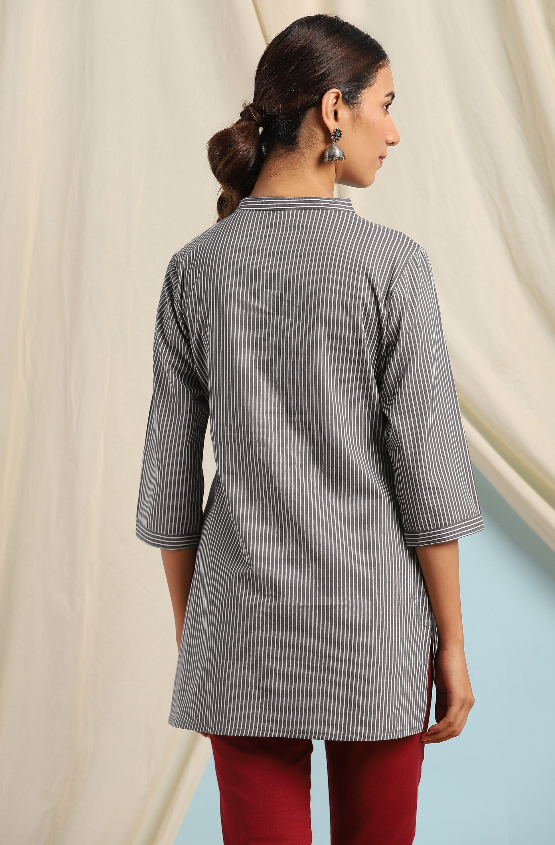 Janasya Women's Grey Cotton Striped High Low Tunic | Swadesiicart