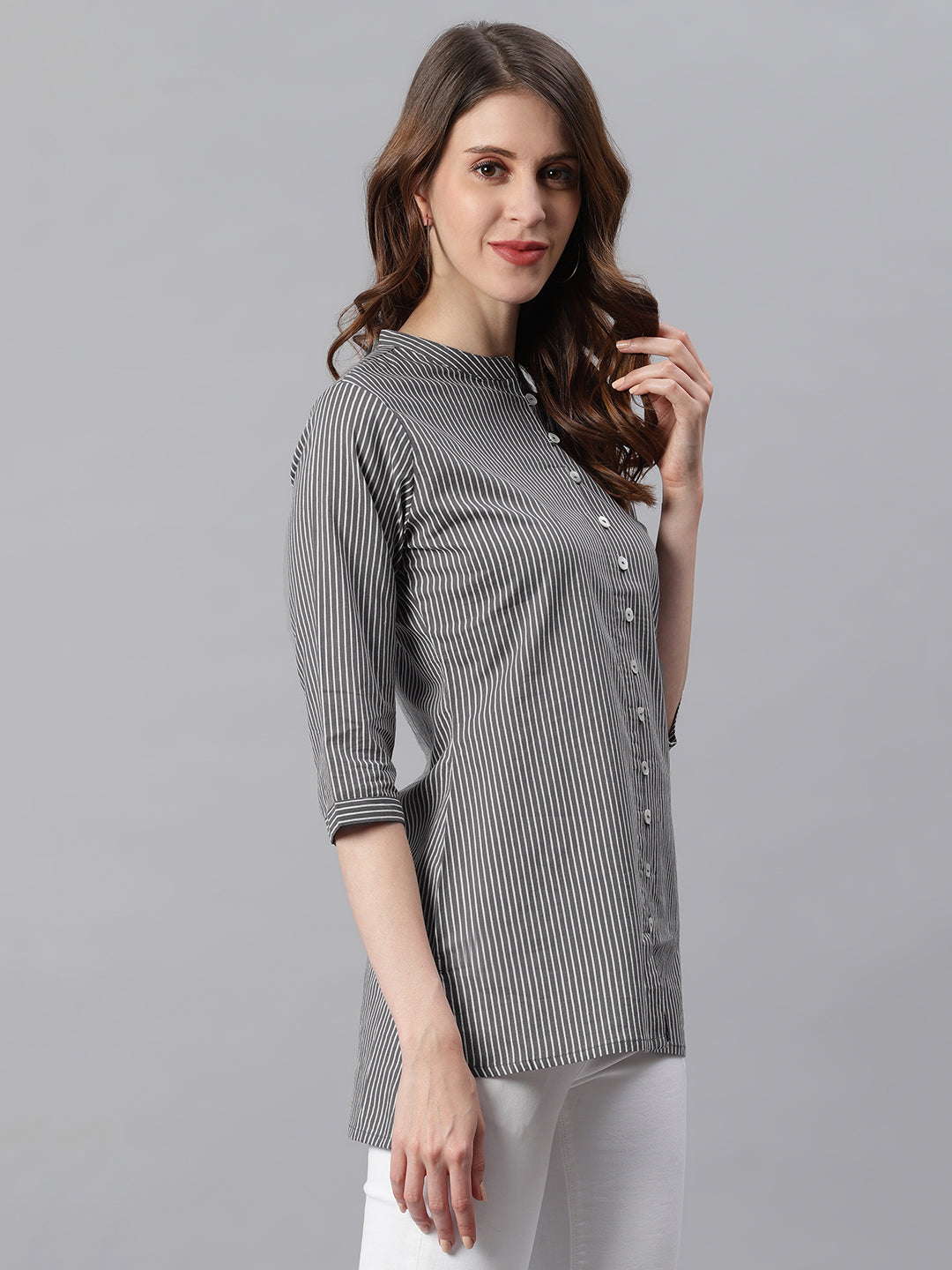 Janasya Women's Grey Cotton Striped High Low Tunic | Swadesiicart