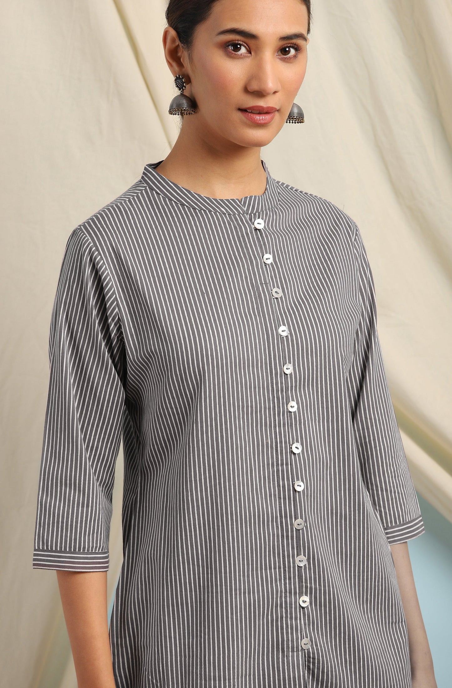 Janasya Women's Grey Cotton Striped High Low Tunic | Swadesiicart