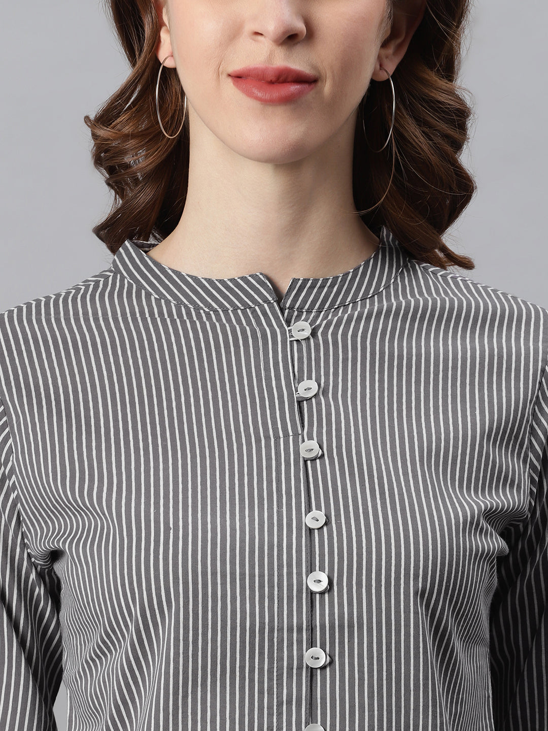 Janasya Women's Grey Cotton Striped High Low Tunic | Swadesiicart