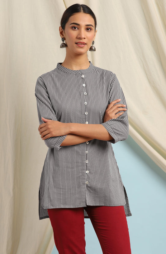Janasya Women's Grey Cotton Striped High Low Tunic | Swadesiicart