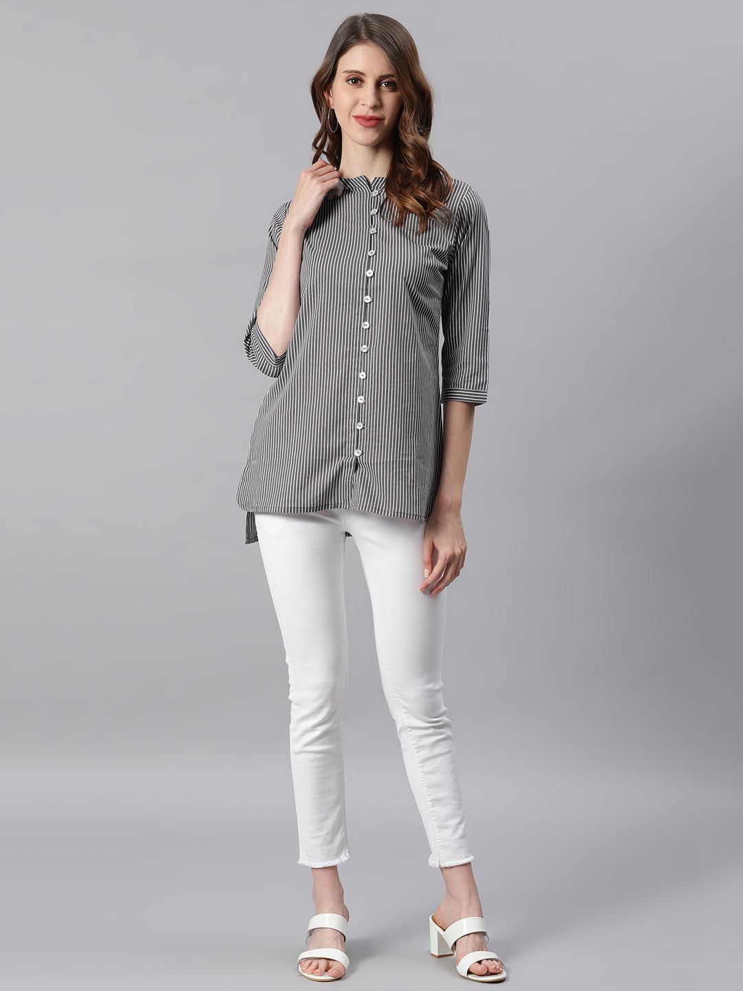 Janasya Women's Grey Cotton Striped High Low Tunic | Swadesiicart