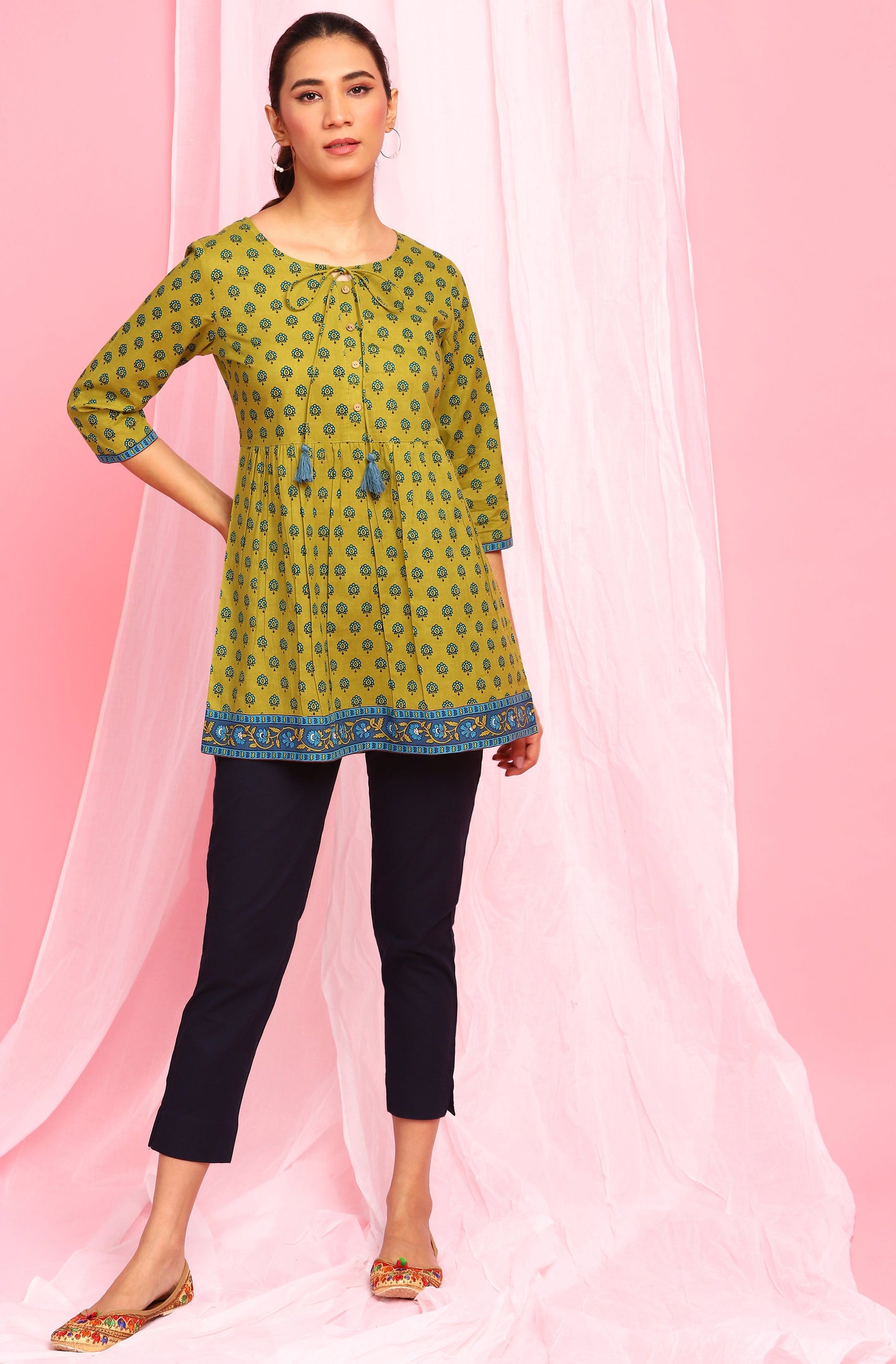 Janasya Women's Green Cotton Ethnic Motifs Empire Waist Tunic | Swadesiicart