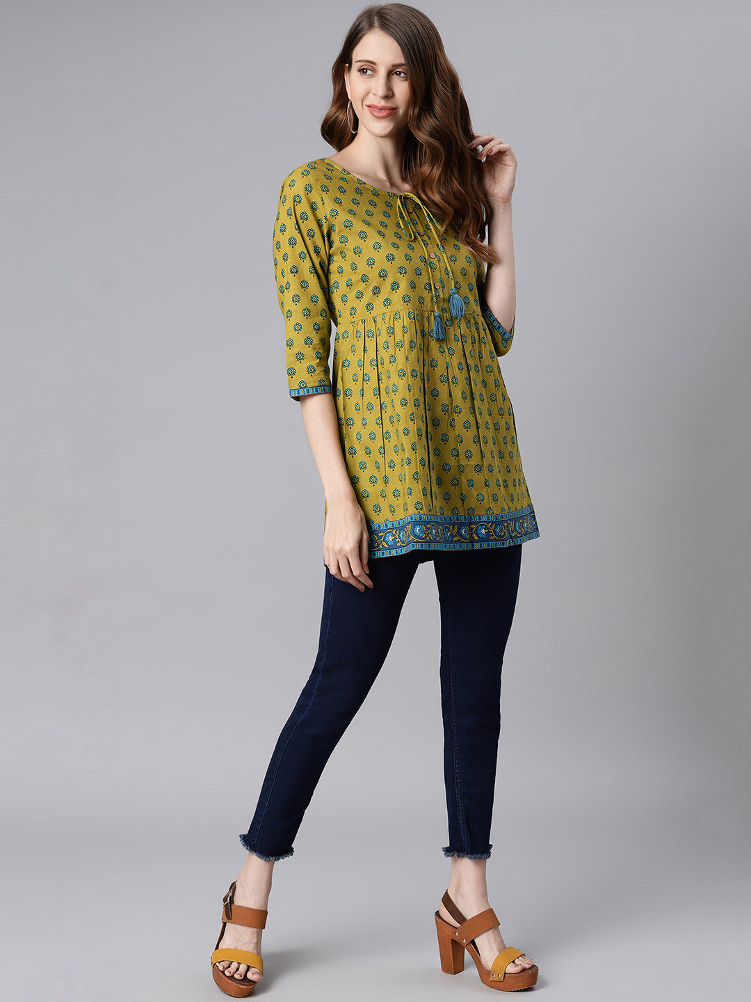 Janasya Women's Green Cotton Ethnic Motifs Empire Waist Tunic | Swadesiicart