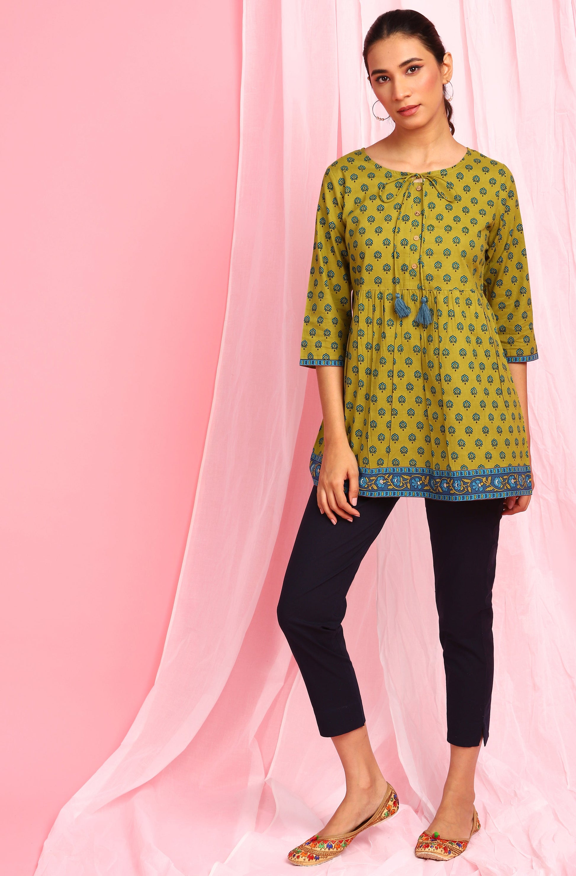 Janasya Women's Green Cotton Ethnic Motifs Empire Waist Tunic | Swadesiicart