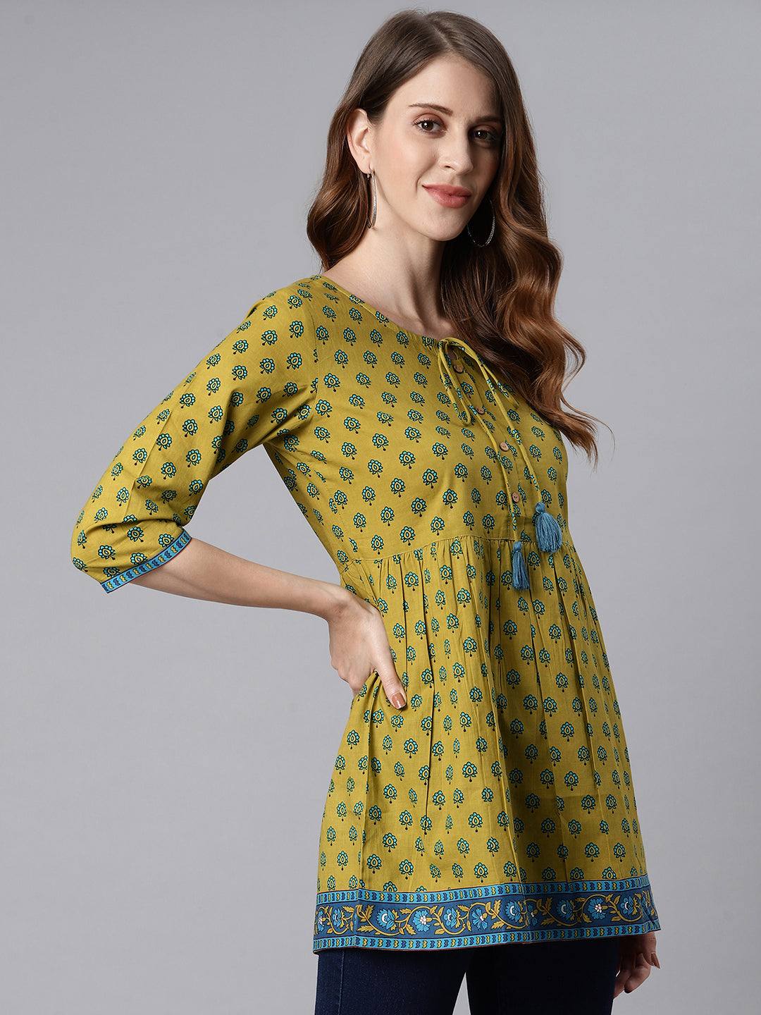 Janasya Women's Green Cotton Ethnic Motifs Empire Waist Tunic | Swadesiicart