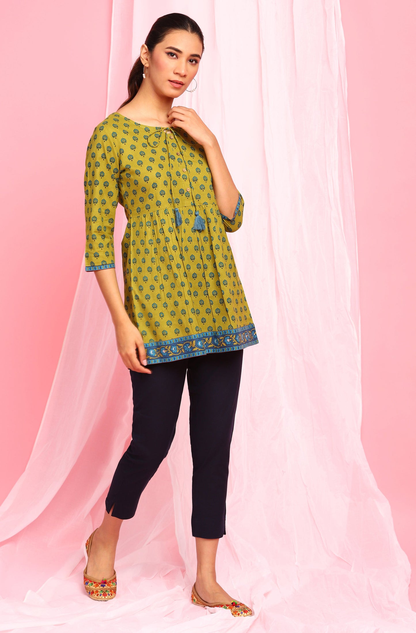 Janasya Women's Green Cotton Ethnic Motifs Empire Waist Tunic | Swadesiicart