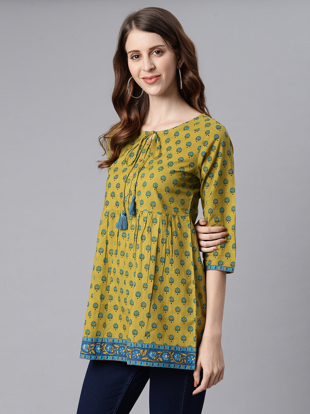 Janasya Women's Green Cotton Ethnic Motifs Empire Waist Tunic | Swadesiicart