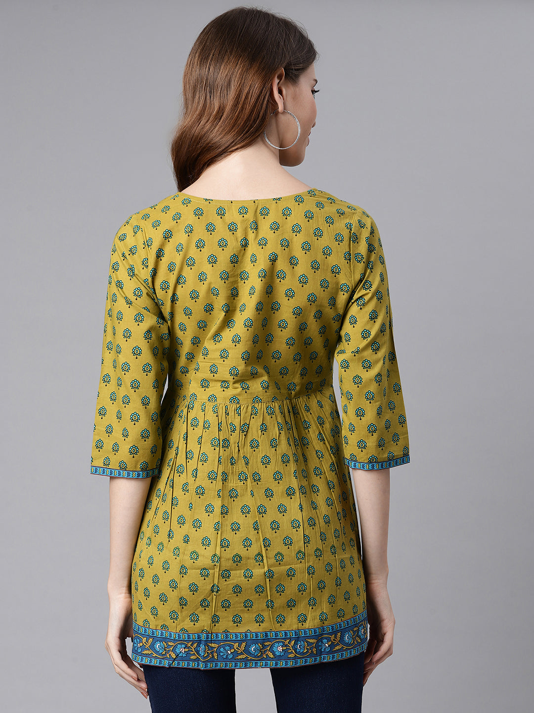 Janasya Women's Green Cotton Ethnic Motifs Empire Waist Tunic | Swadesiicart