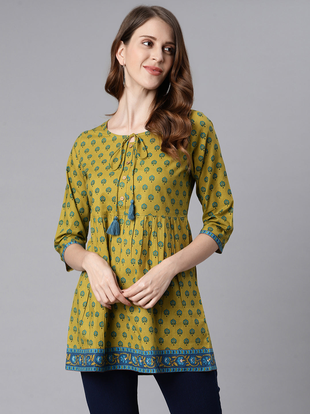 Janasya Women's Green Cotton Ethnic Motifs Empire Waist Tunic | Swadesiicart