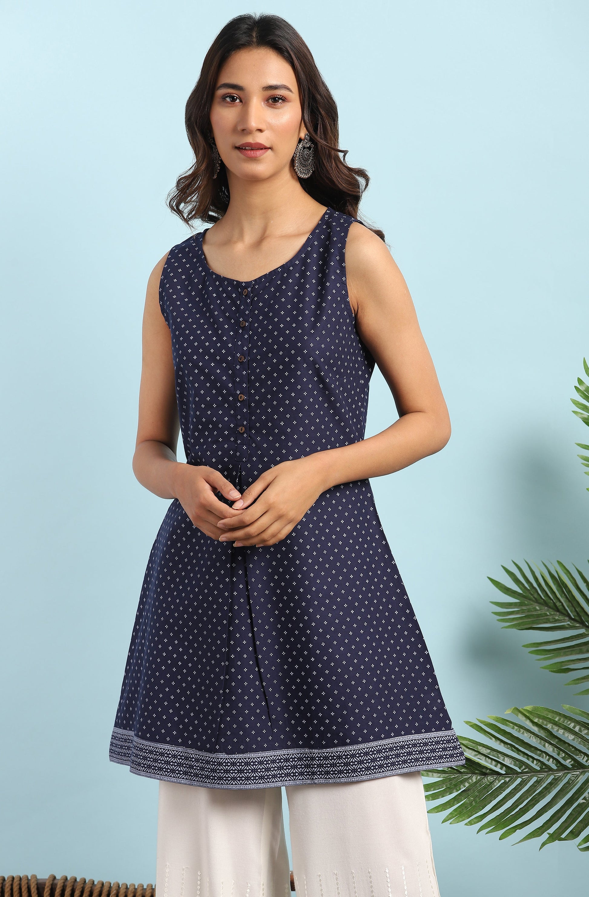 Janasya Women's Navy Blue Cotton Floral Print A-Line Tunic | Swadesiicart