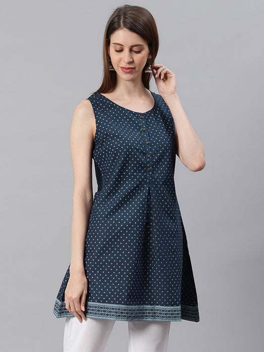 Janasya Women's Navy Blue Cotton Floral Print A-Line Tunic | Swadesiicart