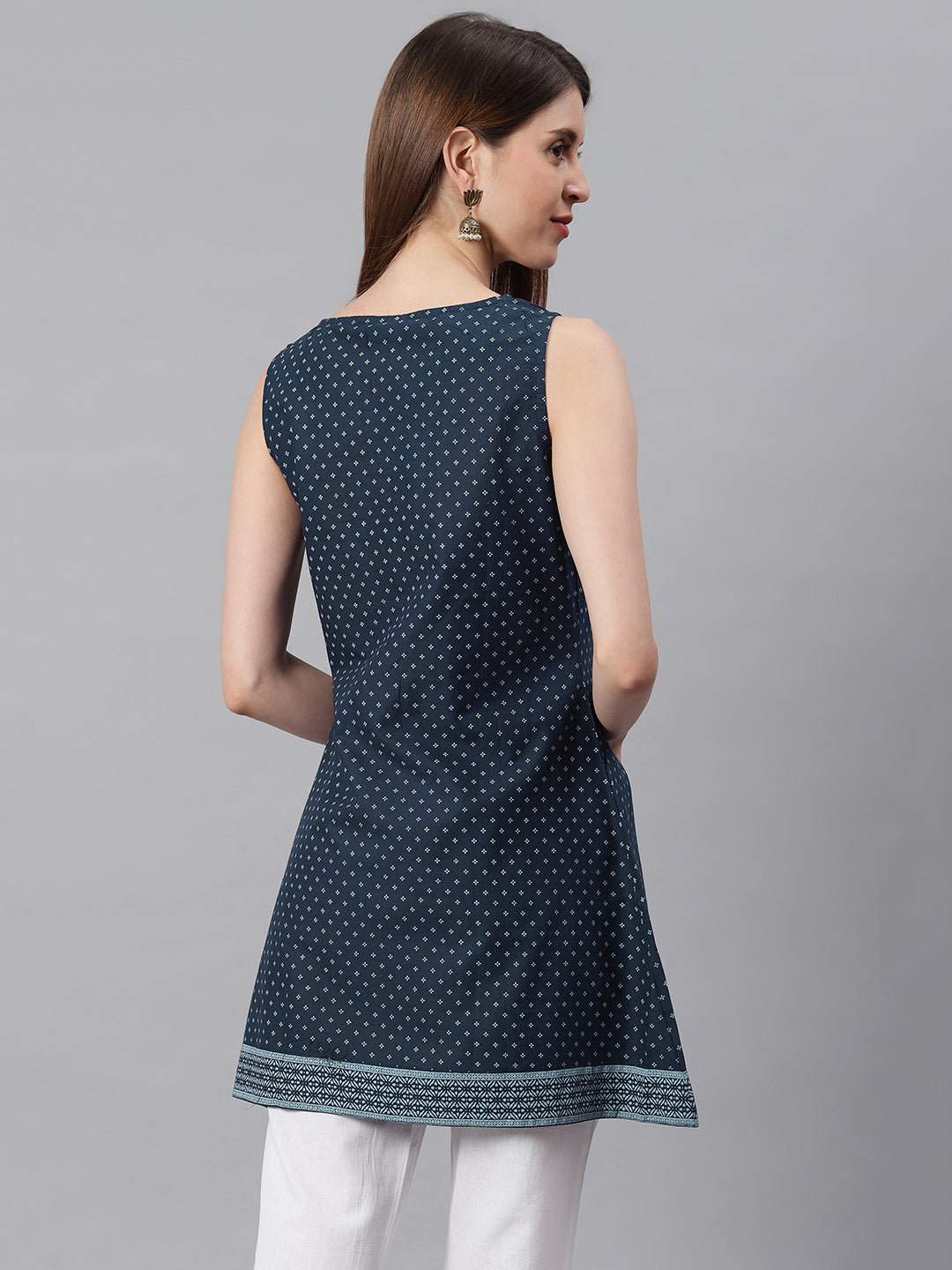 Janasya Women's Navy Blue Cotton Floral Print A-Line Tunic | Swadesiicart