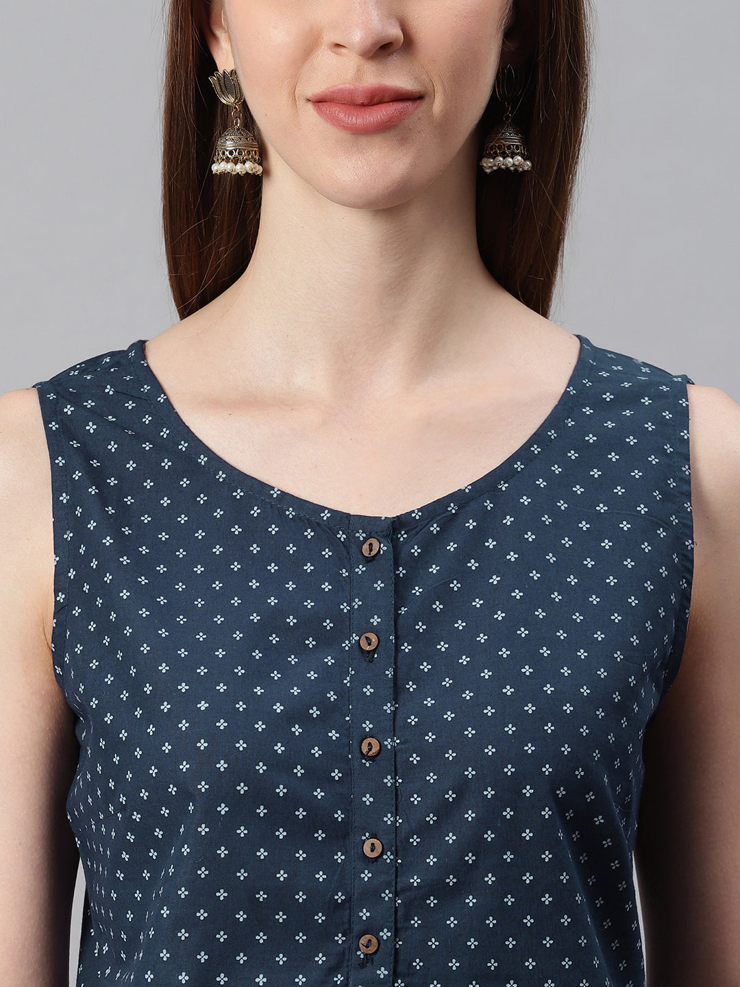 Janasya Women's Navy Blue Cotton Floral Print A-Line Tunic | Swadesiicart