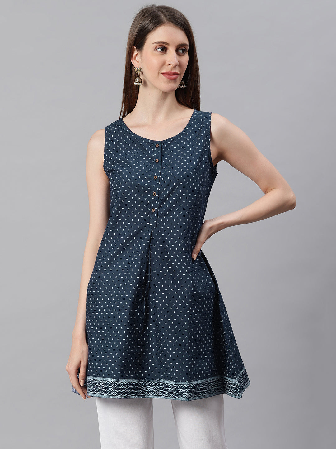 Janasya Women's Navy Blue Cotton Floral Print A-Line Tunic | Swadesiicart