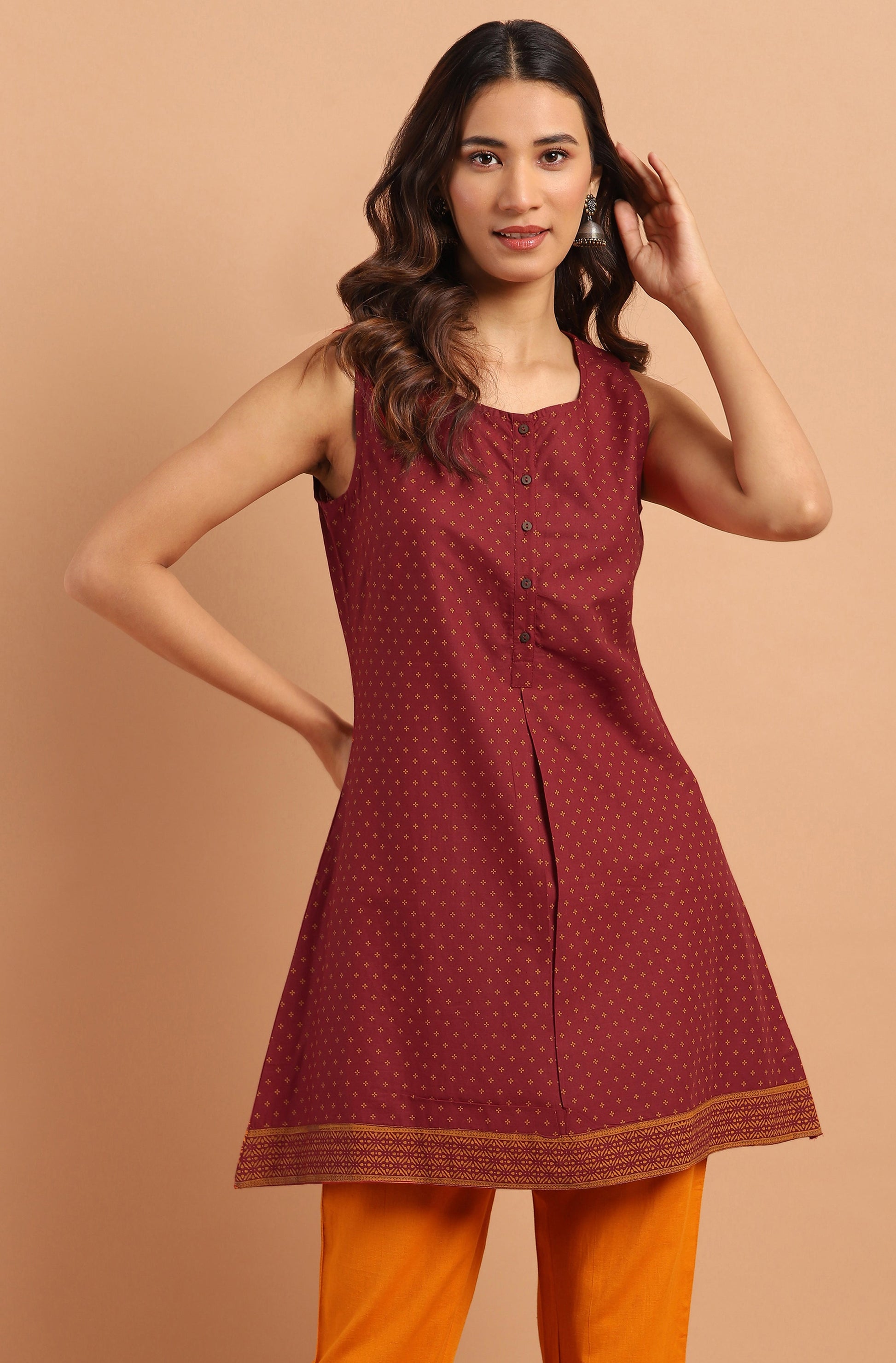 Janasya Women's Maroon Cotton Floral Print A-Line Tunic | Swadesiicart