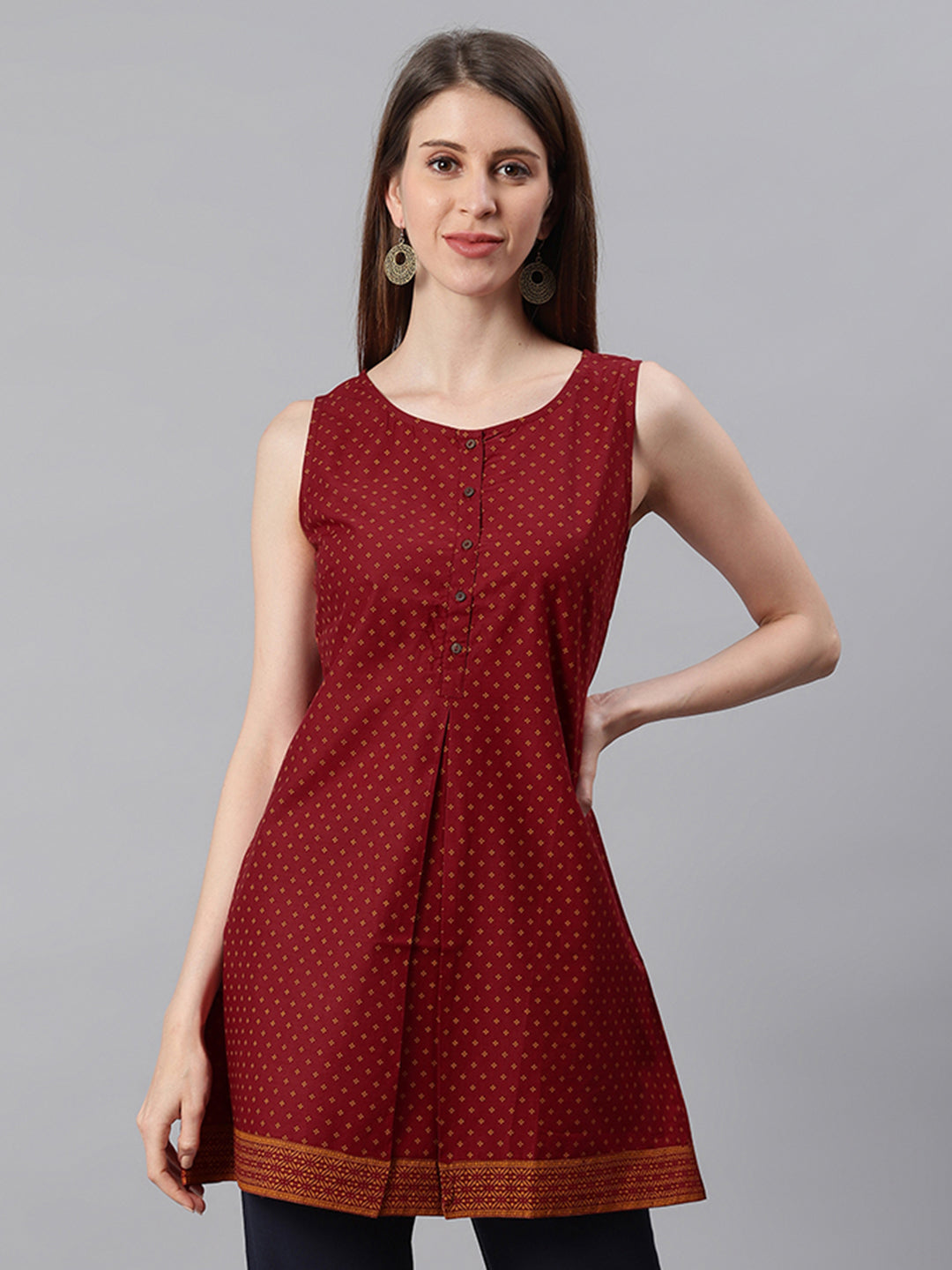 Janasya Women's Maroon Cotton Floral Print A-Line Tunic | Swadesiicart