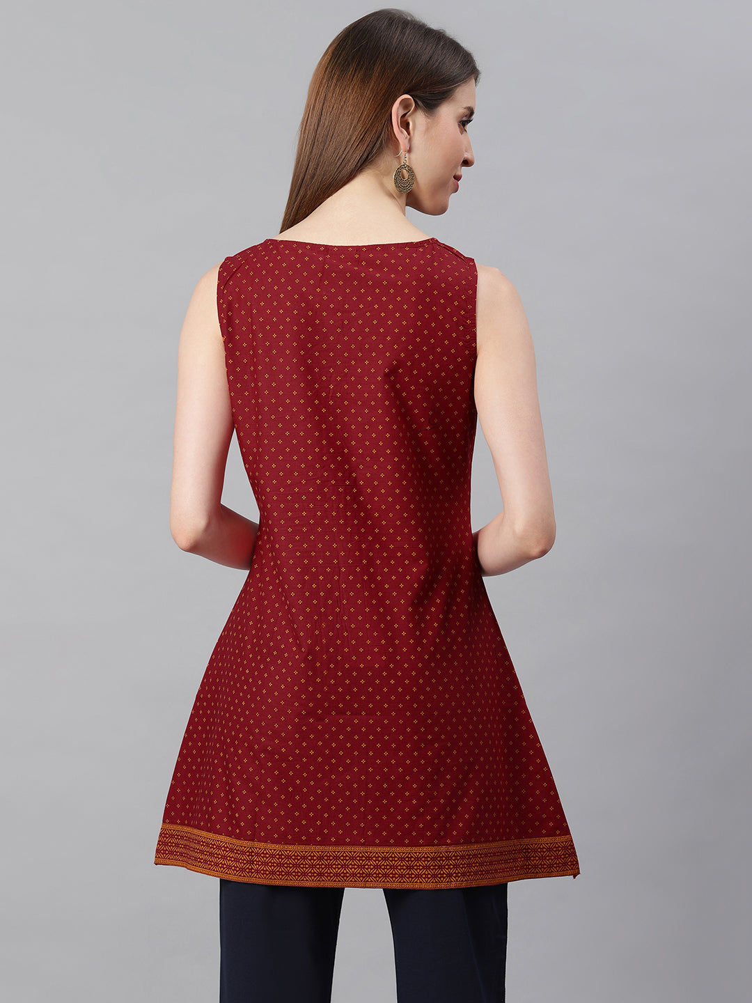 Janasya Women's Maroon Cotton Floral Print A-Line Tunic | Swadesiicart