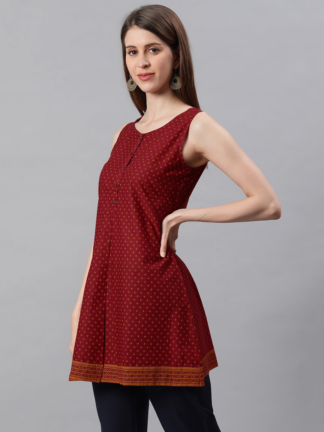 Janasya Women's Maroon Cotton Floral Print A-Line Tunic | Swadesiicart