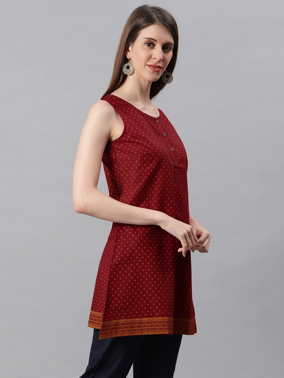 Janasya Women's Maroon Cotton Floral Print A-Line Tunic | Swadesiicart