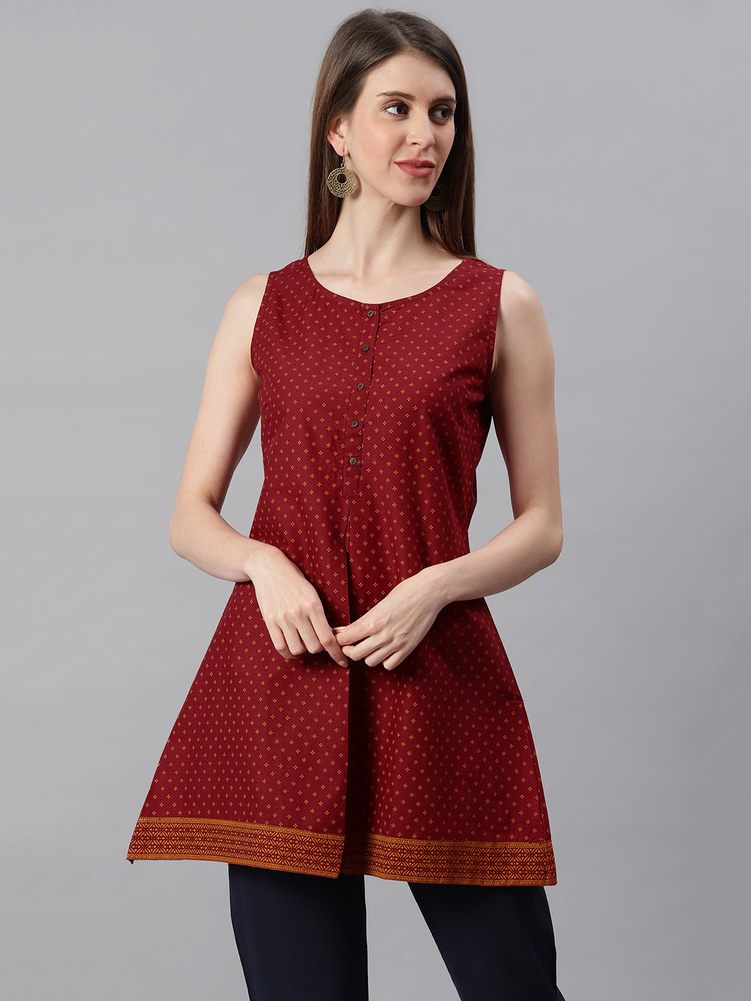 Janasya Women's Maroon Cotton Floral Print A-Line Tunic | Swadesiicart