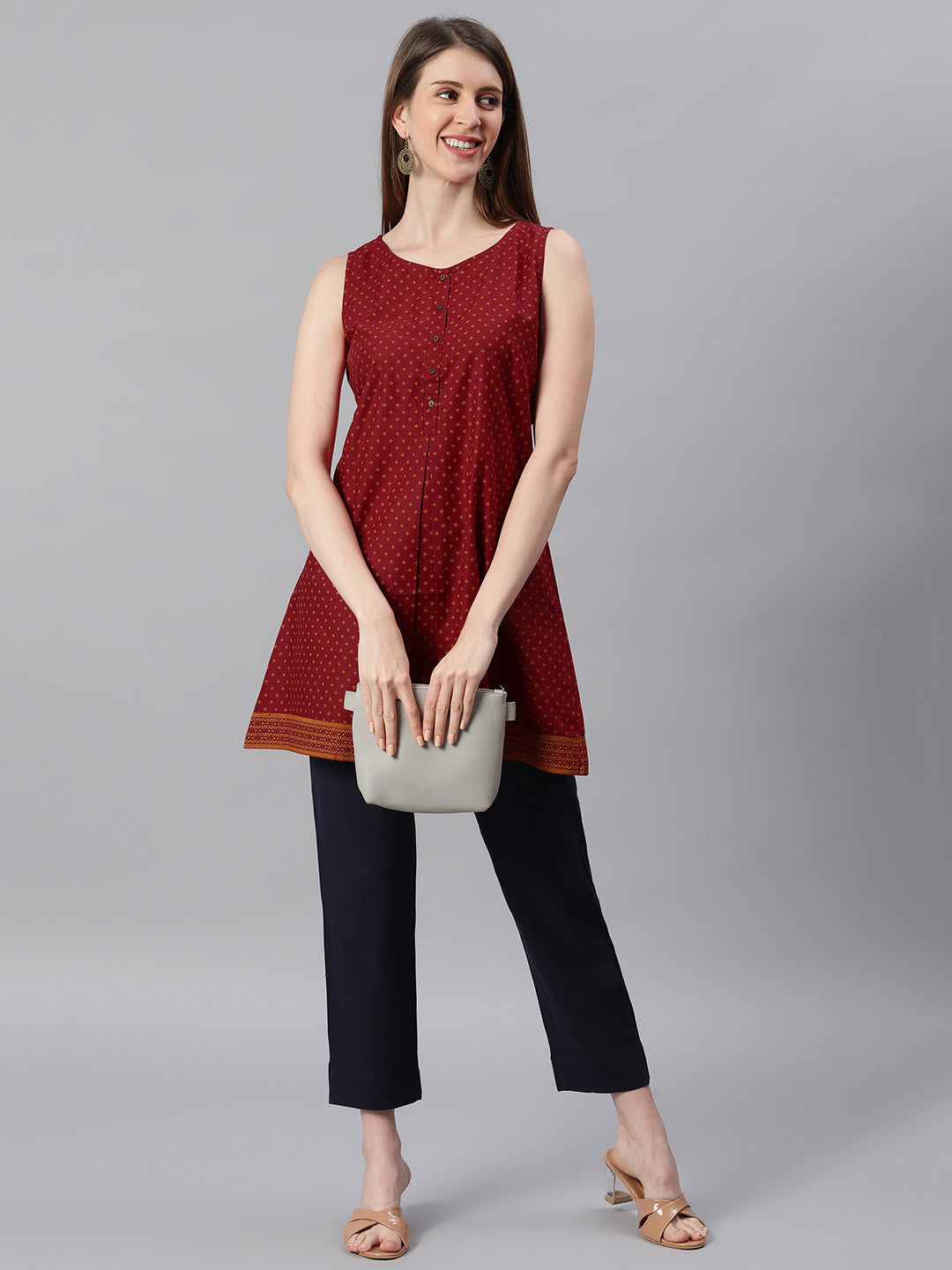 Janasya Women's Maroon Cotton Floral Print A-Line Tunic | Swadesiicart