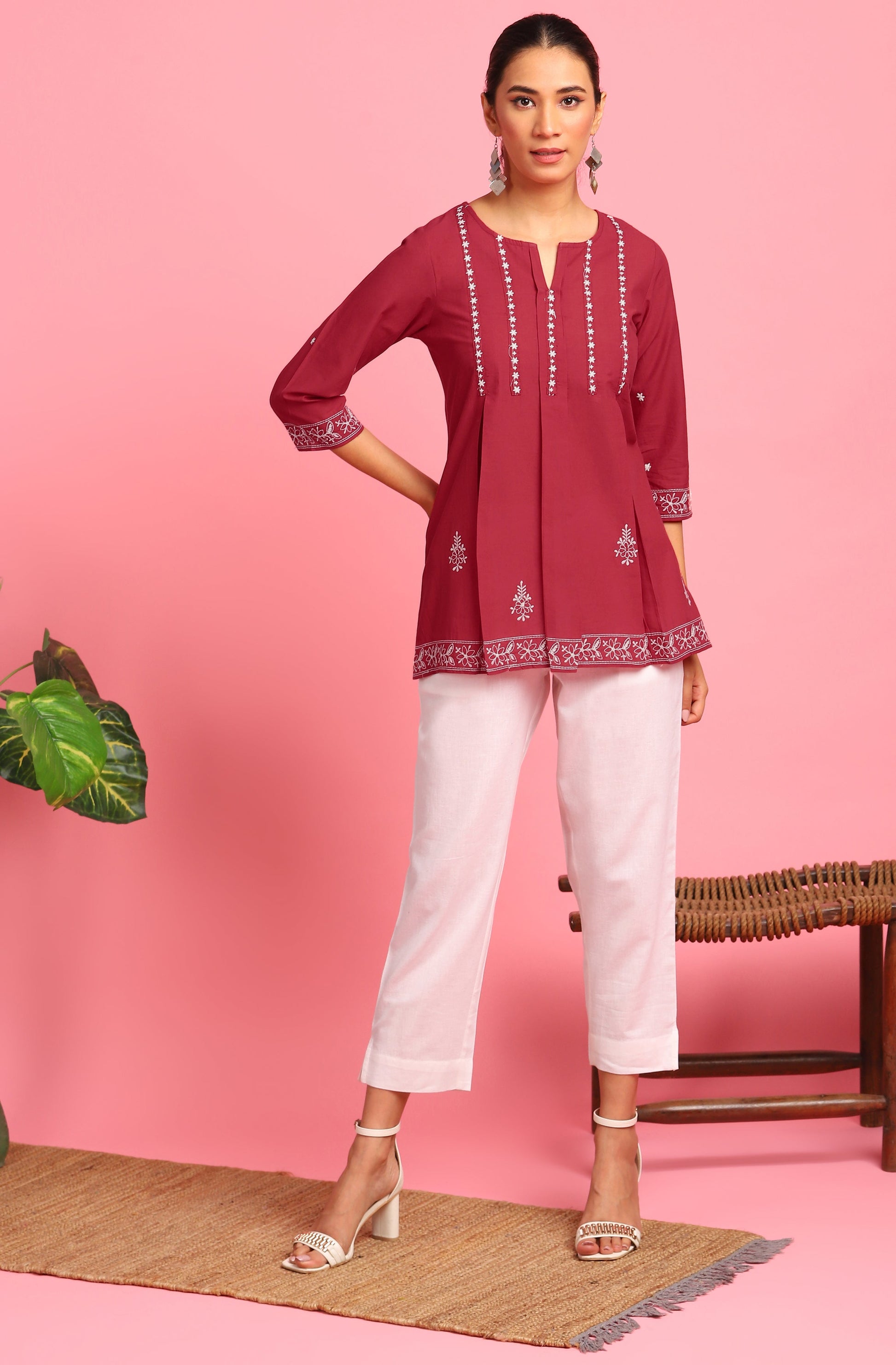 Janasya Women's Maroon Cotton Embroidered Trapeze Tunic | Swadesiicart