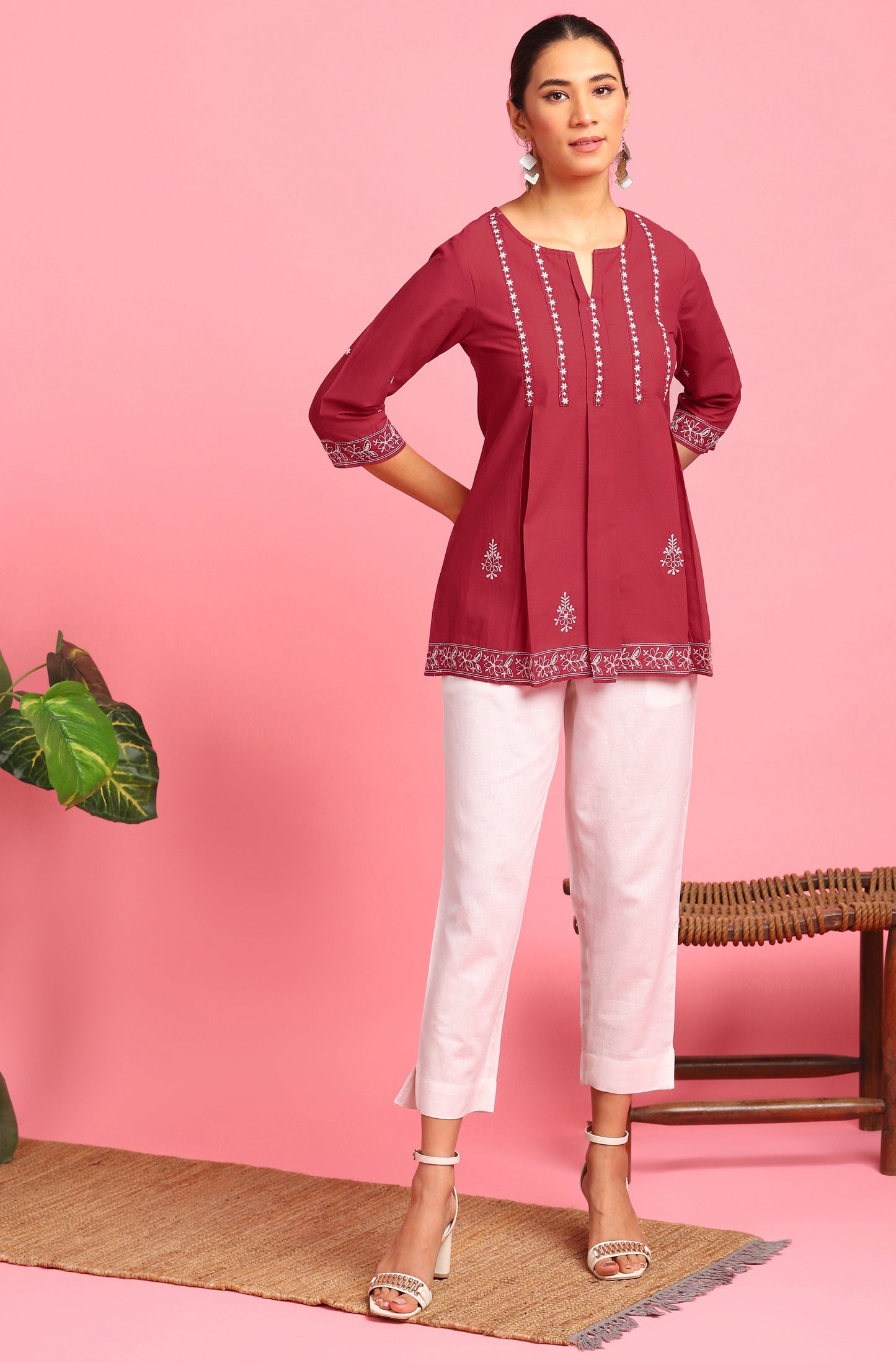 Janasya Women's Maroon Cotton Embroidered Trapeze Tunic | Swadesiicart