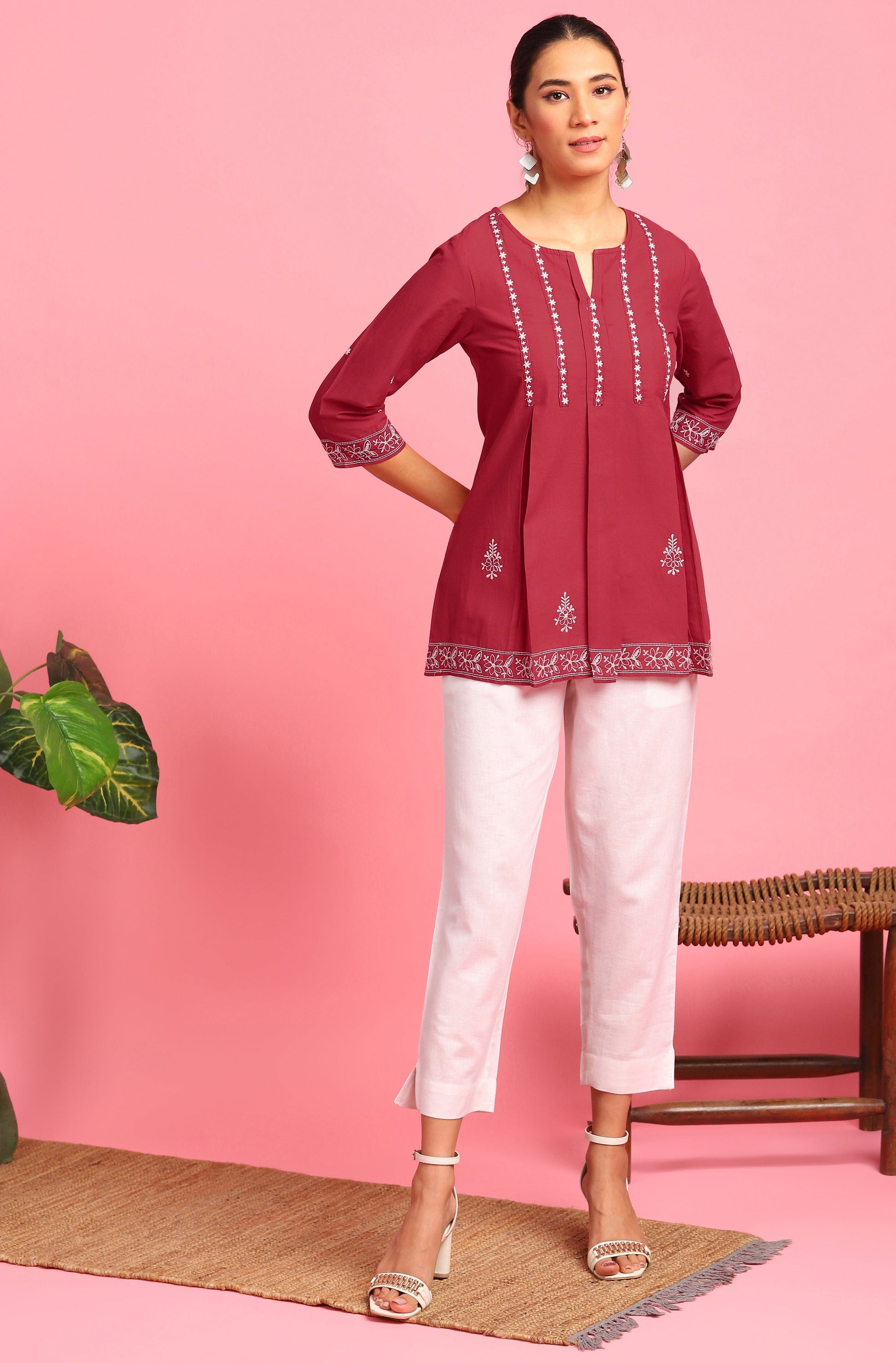 Janasya Women's Maroon Cotton Embroidered Trapeze Tunic | Swadesiicart