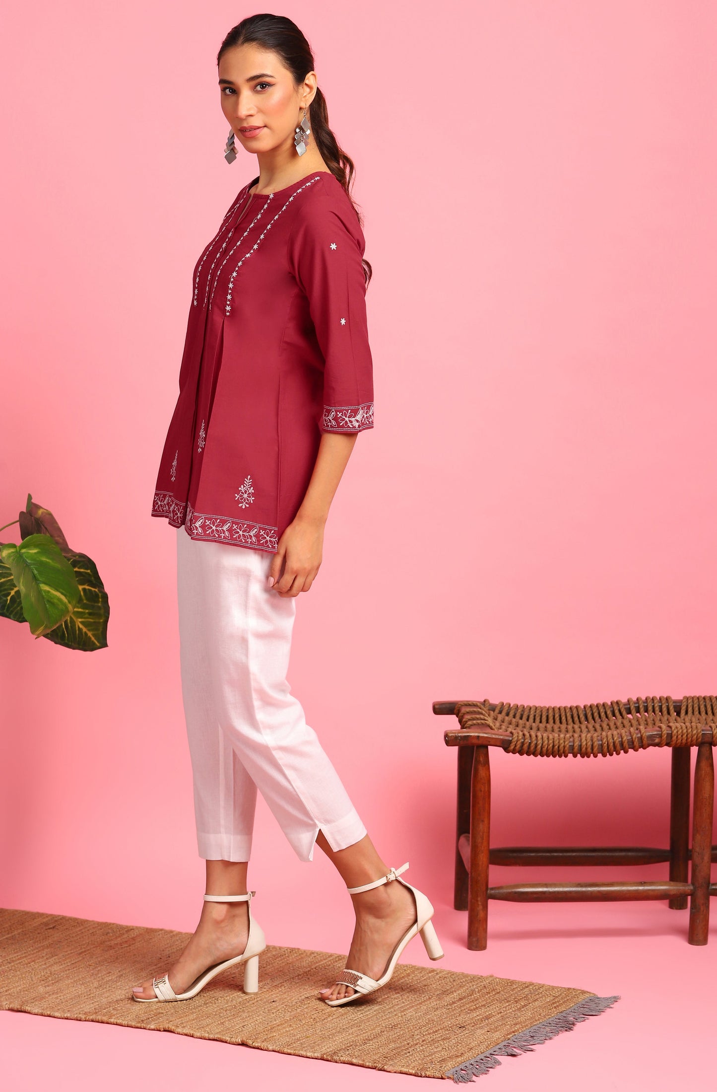 Janasya Women's Maroon Cotton Embroidered Trapeze Tunic | Swadesiicart