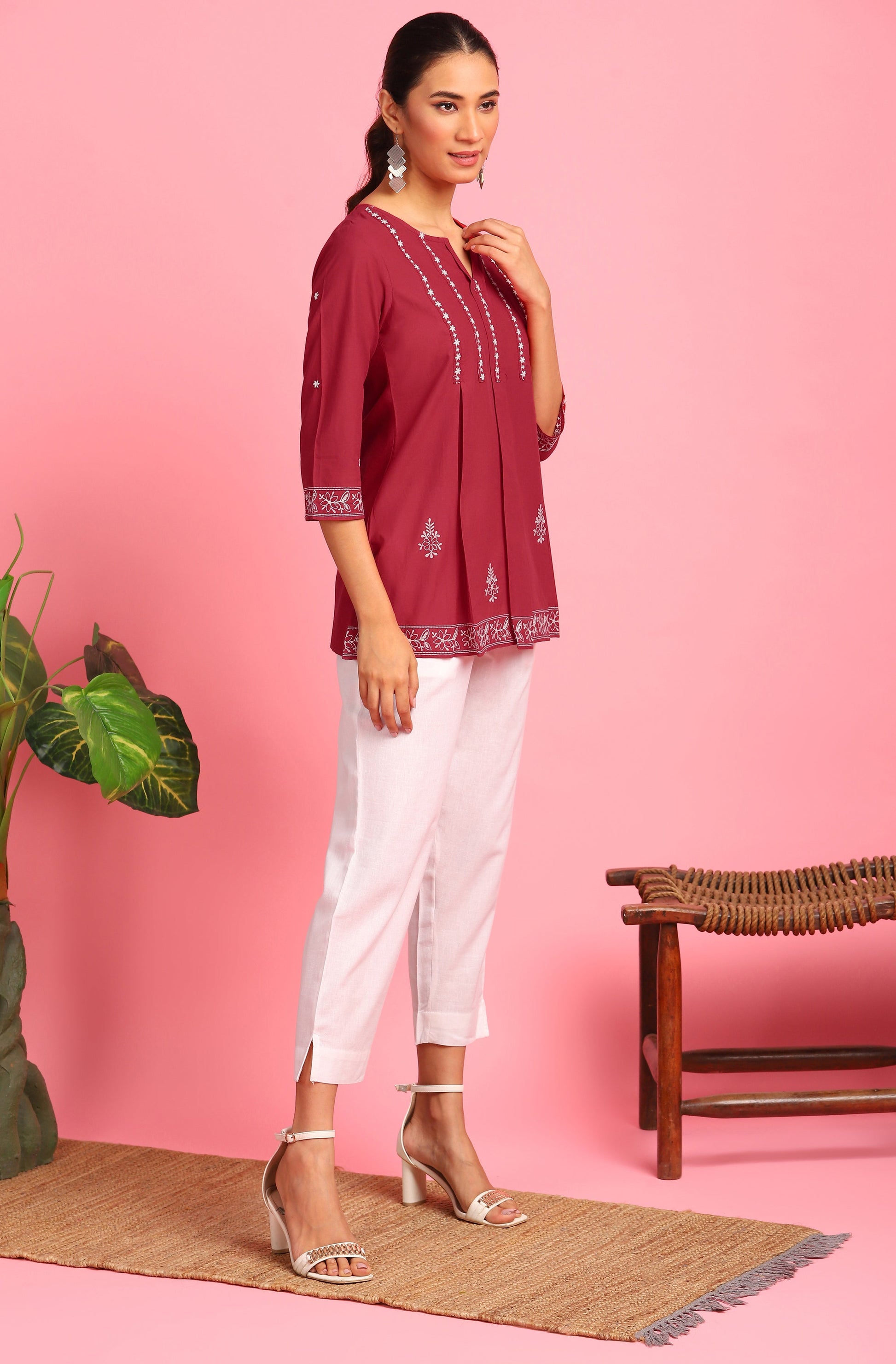 Janasya Women's Maroon Cotton Embroidered Trapeze Tunic | Swadesiicart