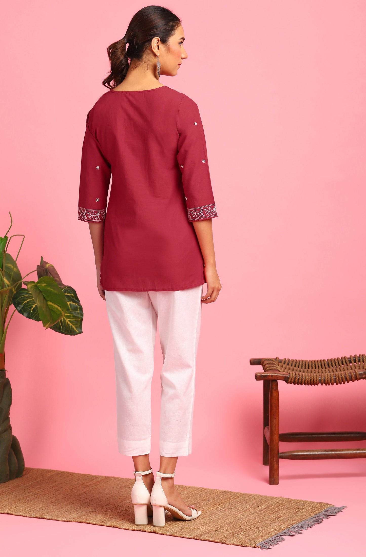 Janasya Women's Maroon Cotton Embroidered Trapeze Tunic | Swadesiicart