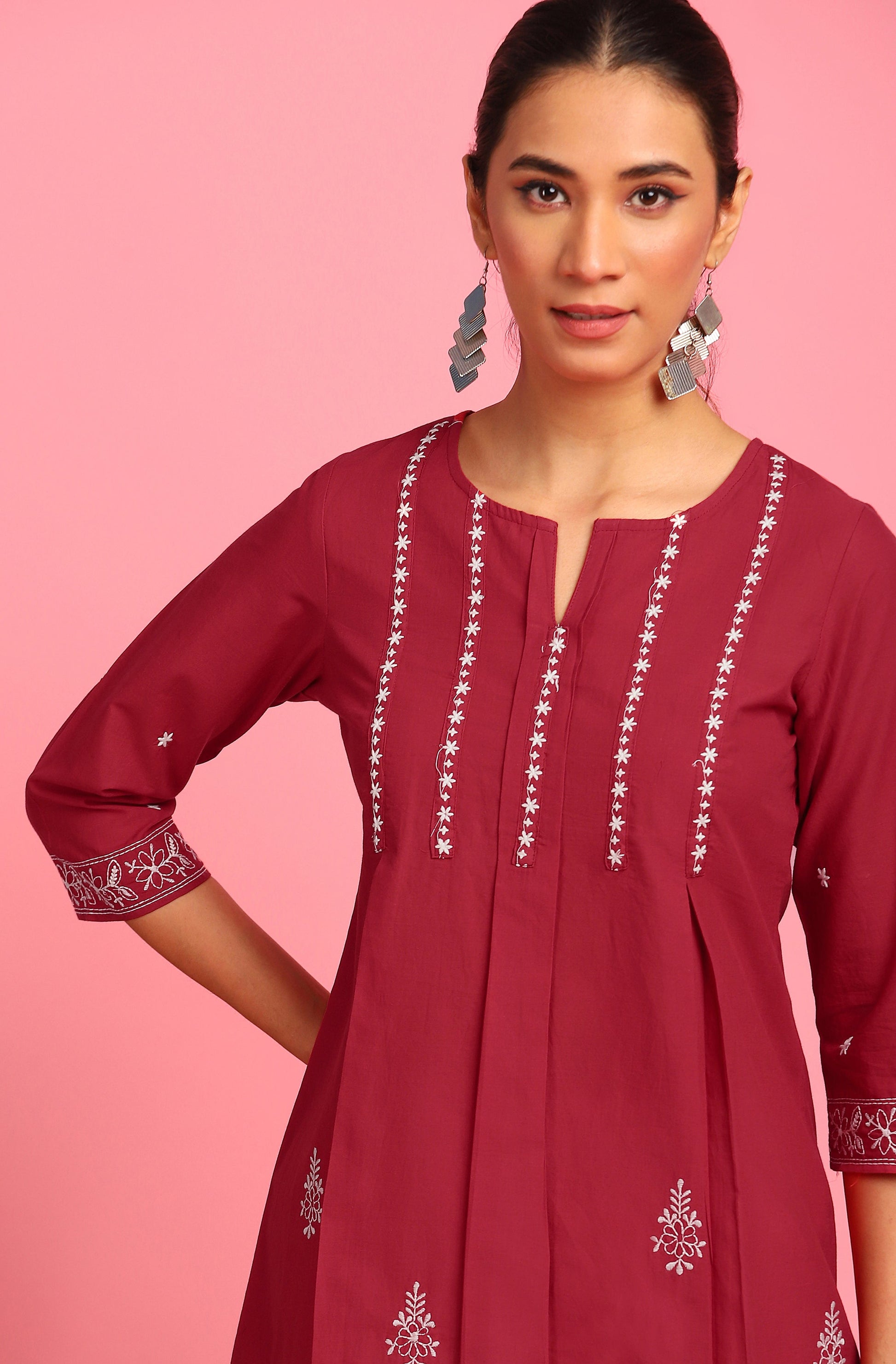 Janasya Women's Maroon Cotton Embroidered Trapeze Tunic | Swadesiicart