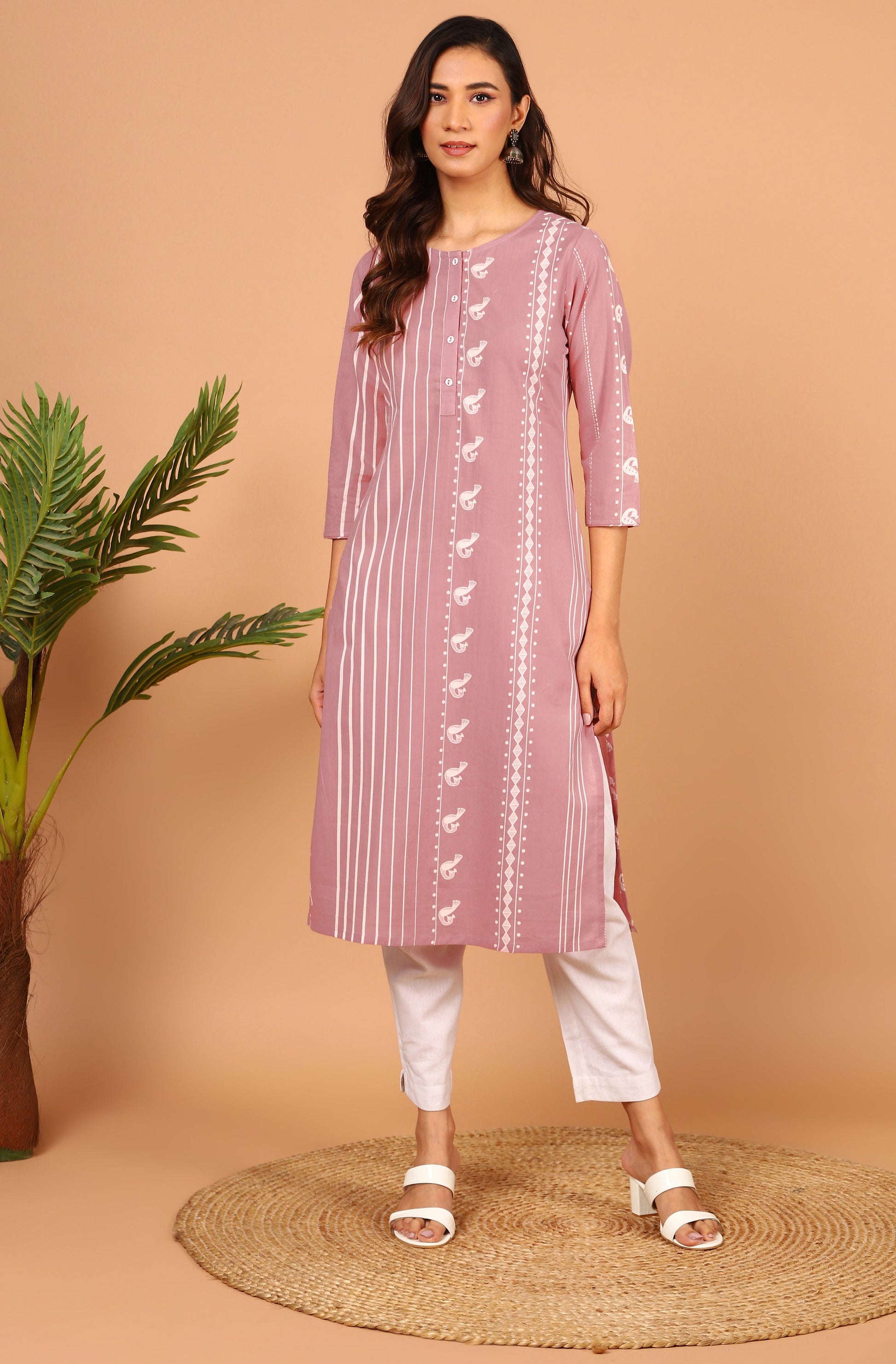 Janasya Pastel Pink Cotton Ethnic Motifs Straight kurta - Swadesiicart