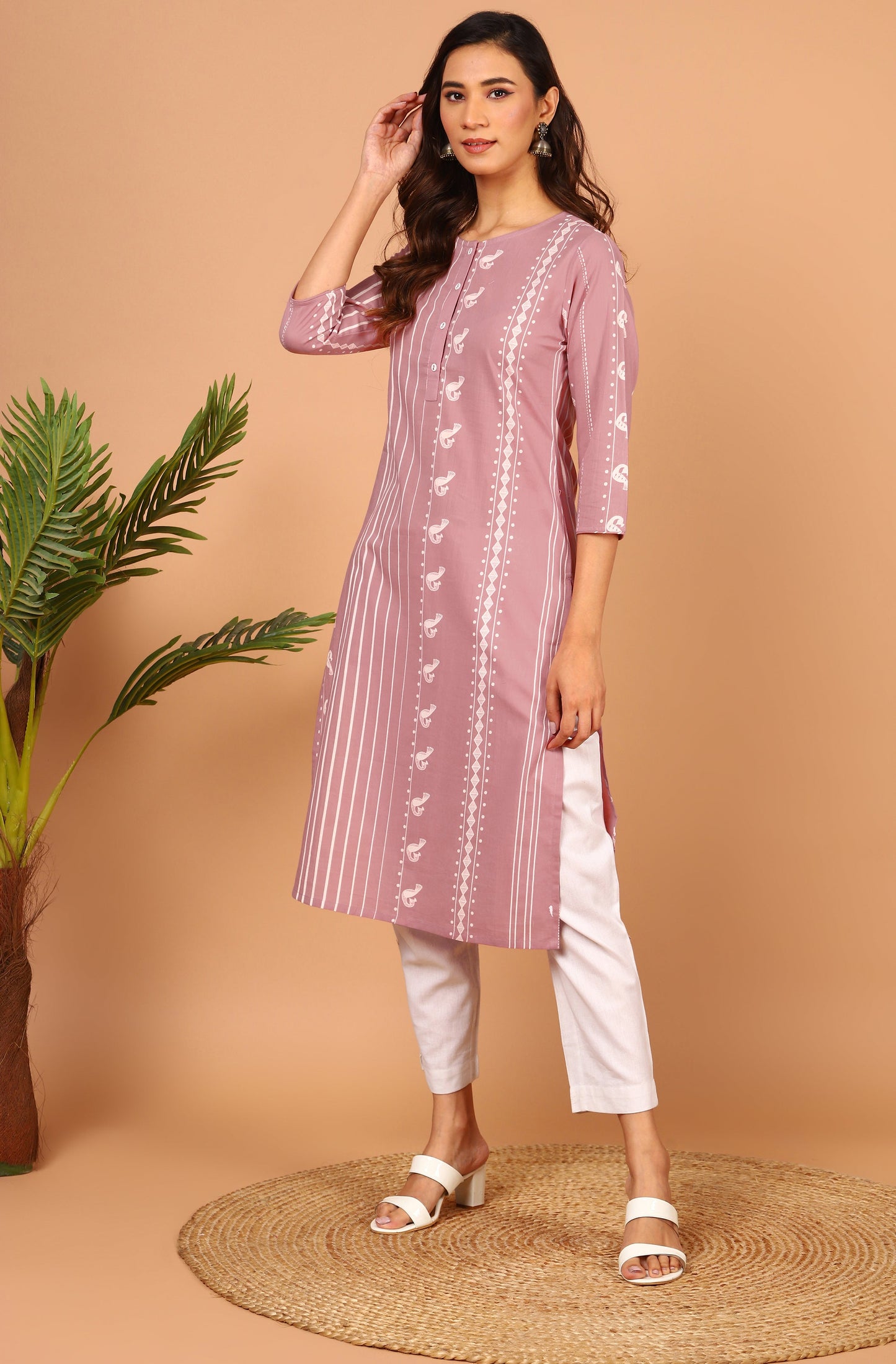 Janasya Pastel Pink Cotton Ethnic Motifs Straight kurta - Swadesiicart
